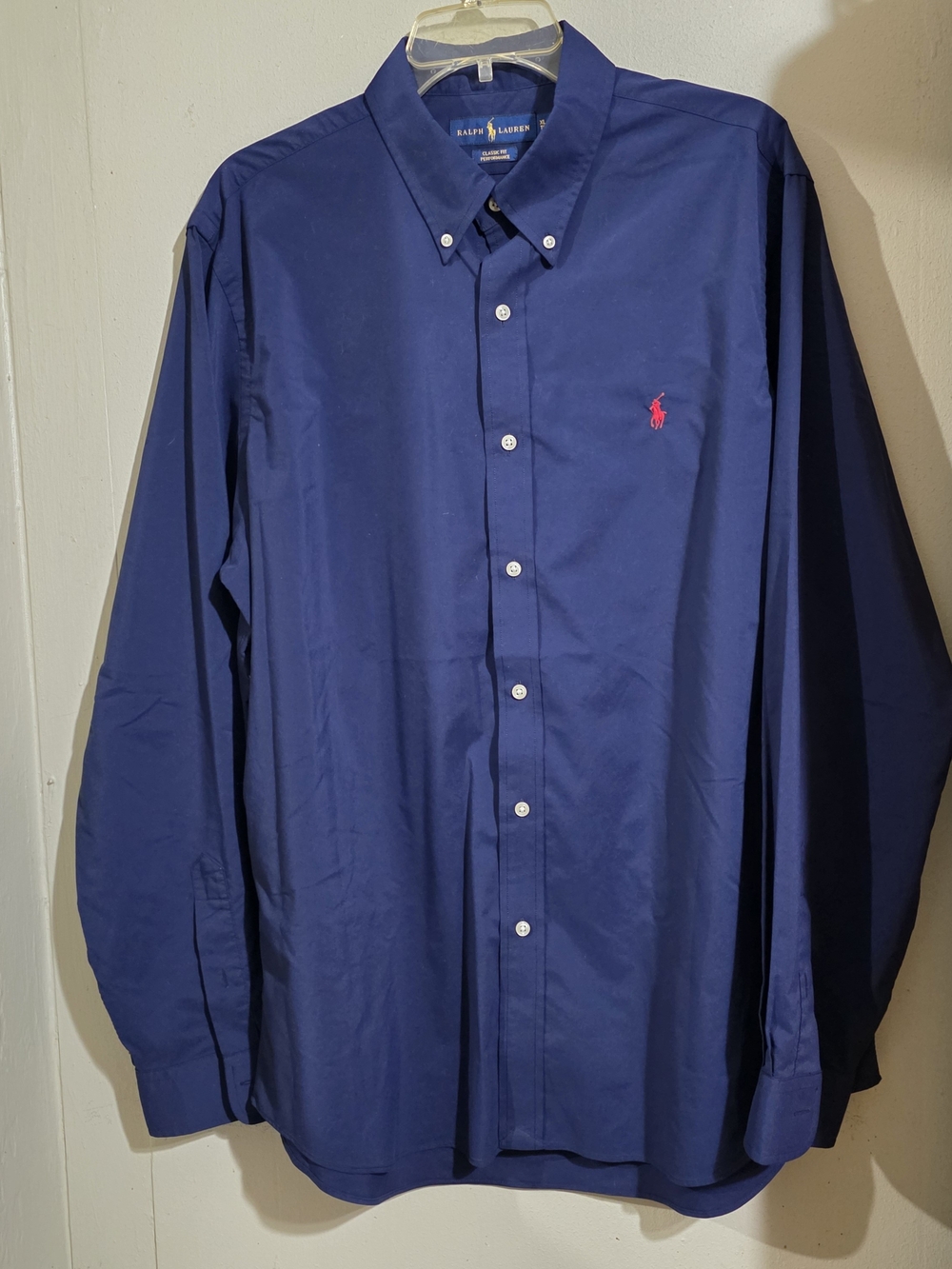 Ralph Lauren Performance Dress Shirt Navy Blue Classic Fit Size XL EUC